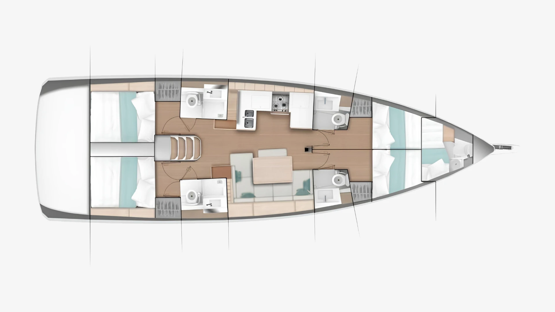 Sun Odyssey 490 layout plan showing the cabins, heads, galley and saloon