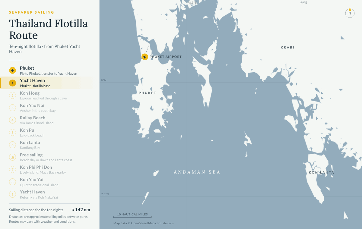 Animated map of our ten-night Thailand flotilla from Phuket Yacht Haven: Koh Hong, Koh Yao Noi, Railay Beach, Koh Pu, Koh Lanta, a free-sailing day, Koh Phi Phi Don, Koh Yao Yai and back to Phuket, about 142 nautical miles